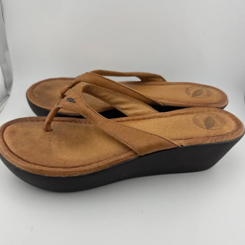 Nature Portland Cabo Wedge Sandals 7.5 Tan Good Leather‎ Thong Platform (1886)